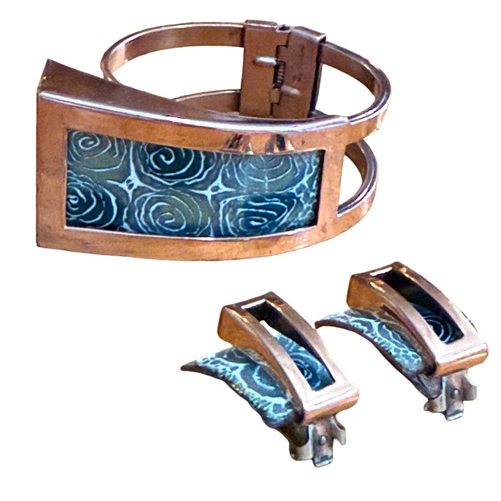 Matisse Renoir Vintage Modern Enamel Copper Hinged Bracelet and Clip On Earrings